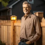 Joyful homeowner proudly standing next to his new fence in Johnson City, TN.